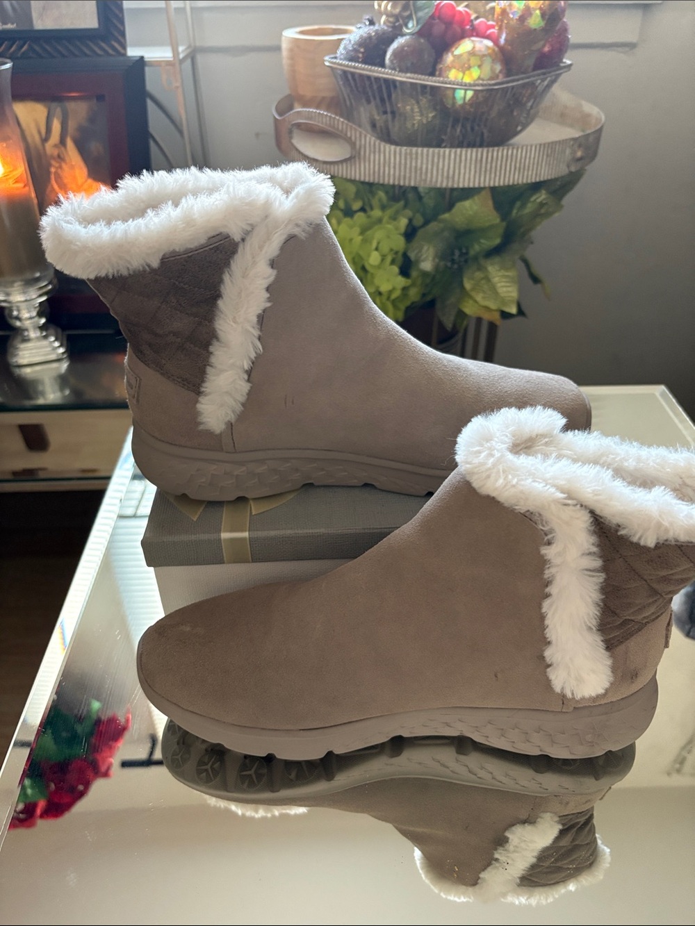 Skechers Taupe Suede-Look Faux-Fur Ankle Booties
